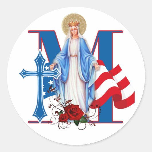 AMERIKAANSE VLAGVIRGIN MARY RELIGIOE ROZEN RONDE STICKER (Voorkant)