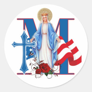 AMERIKAANSE VLAGVIRGIN MARY RELIGIOE ROZEN RONDE STICKER