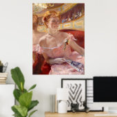 Amerikaanse vrouw met een parelachtig Ketting en e Poster (Thuiskantoor)