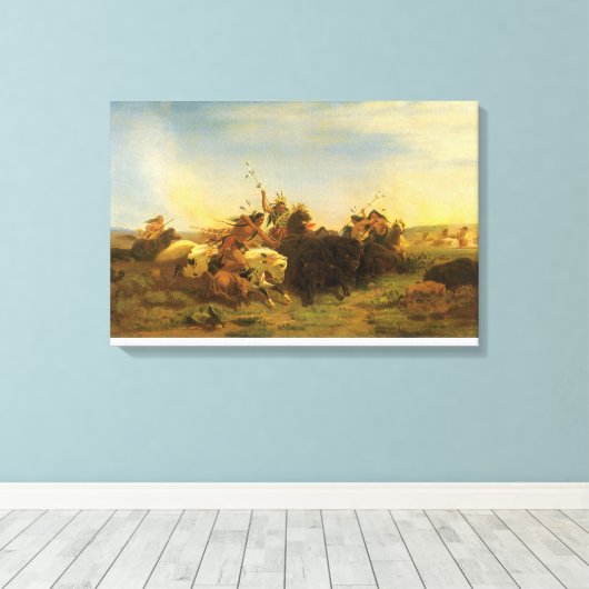 -Amerikaanse West Art, Buffalo Hunt van Wimar Canvas Afdruk (Insitu (Houten vloer))
