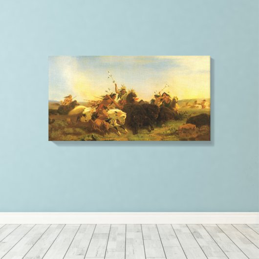 -Amerikaanse West Art, Buffalo Hunt van Wimar Canvas Afdruk (Insitu (Houten vloer))