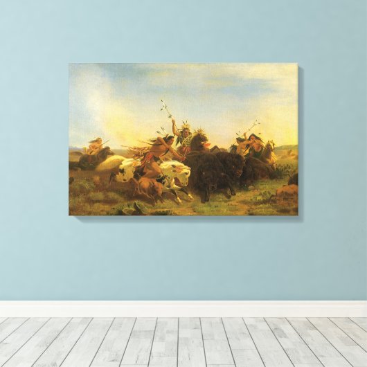-Amerikaanse West Art, Buffalo Hunt van Wimar Canvas Afdruk (Insitu (Houten vloer))