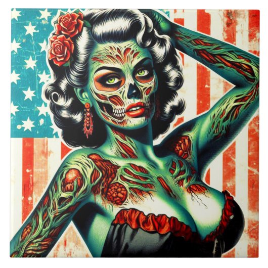 Amerikaanse Zombie Pin-up Tegeltje (Voorkant)