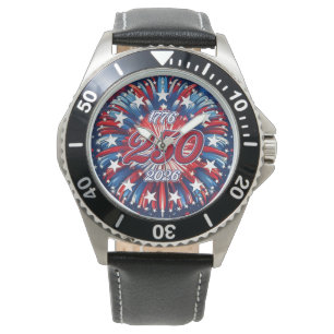 Amerika's 250e verjaardag 1776-2026 RWB-Vuurwerk Horloge