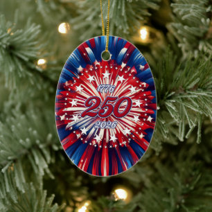 Amerika's 250e Verjaardag 1776-2026 RWB-Vuurwerk Keramisch Ornament