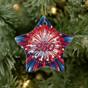 Amerika's 250e verjaardag 1776-2026 RWB-Vuurwerk Keramisch Ornament