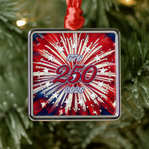 Amerika's 250e Verjaardag 1776-2026 RWB-Vuurwerk Metalen Ornament