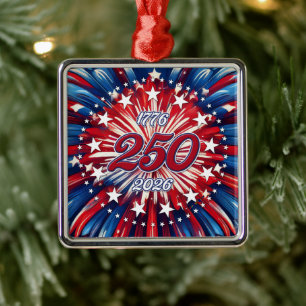 Amerika's 250e Verjaardag 1776-2026 RWB-Vuurwerk Metalen Ornament