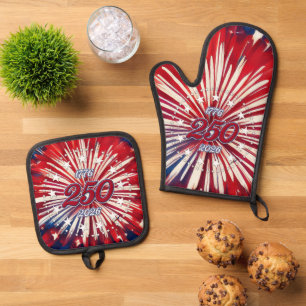 Amerika's 250e verjaardag 1776-2026 RWB-Vuurwerk Ovenwant & Pannenlap Set