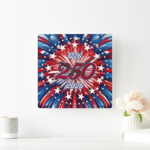 Amerika's 250e Verjaardag 1776-2026 RWB-Vuurwerk Vierkante Klok