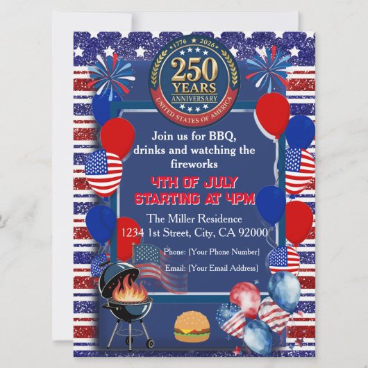 Amerika's 250e Verjaardagsfeest Uitnodiging (Voorkant)