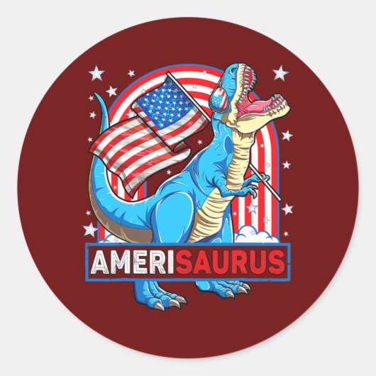 Amerisaurus T rex Boys Girls Patriotic Dinosaur Ronde Sticker (Voorkant)