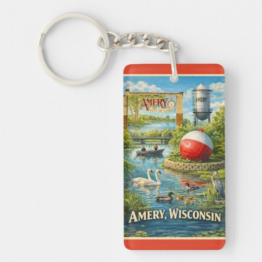 Amery, Wisconsin Stad van Meren Souvenir Sleutelhanger (Voorkant)