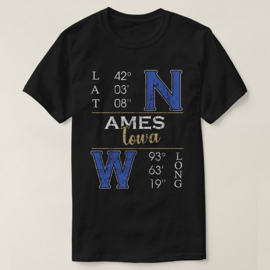 Ames Iowa Breedtegraad en Lengtegraad T-shirt (Design voorkant)