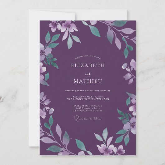 Amethist Aquarel Bloemige Bruiloft Kaart (Voorkant)