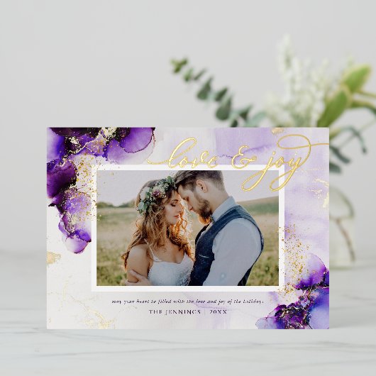 Amethist en Gold Glam 2 Foto Folie Feestdagenkaart (Staand Voorkant)