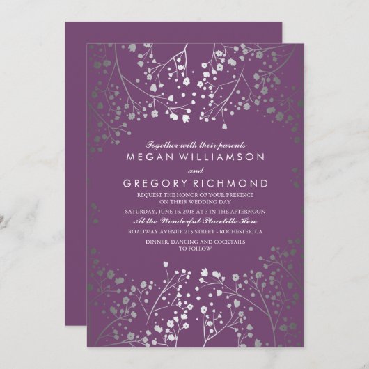 Amethist en Zilveren Baby's Breath Bruiloft Kaart (Voorkant / Achterkant)