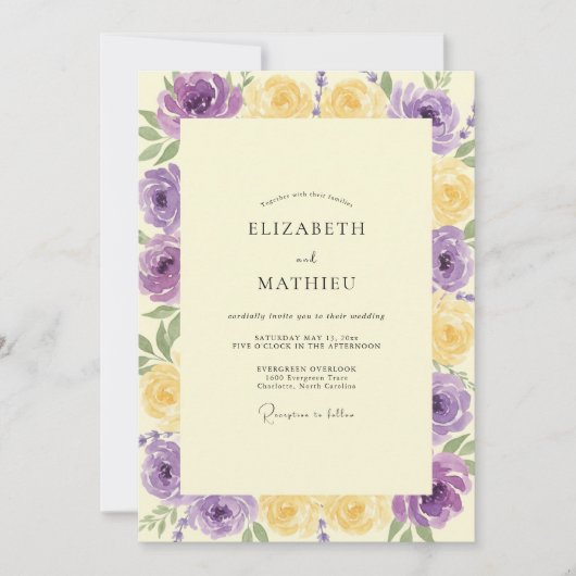 Amethist Gele Ranunculus Eucalyptus Bruiloft Kaart (Voorkant)
