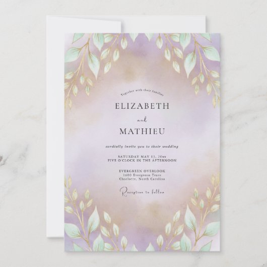 Amethist Gouden Blad Bruiloft Kaart (Voorkant)