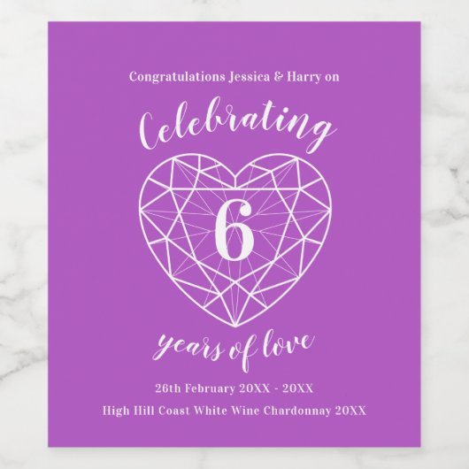Amethist jubileum 6 jaar liefde wijn labels wijn etiket (Enkel label)