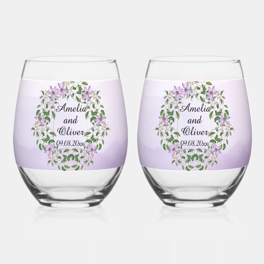 Amethist Lelies op Paarse Waterverf Bruiloft Wijnglas Zonder Voet (Voorkant)