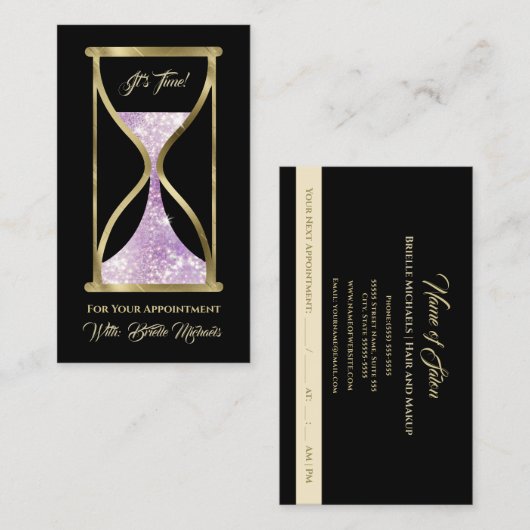 Amethist Paarse glitter zandloper haar en make-up Afsprakenkaartje (Voorkant / Achterkant)