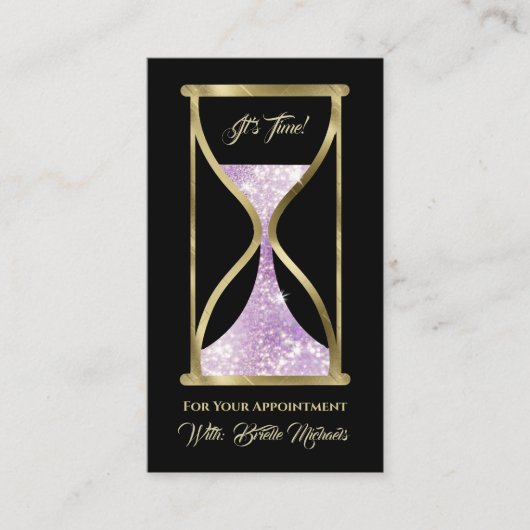 Amethist Paarse glitter zandloper haar en make-up Afsprakenkaartje (Voorkant)