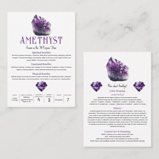 Amethist Paarse Kristal Metafysische Eigenschappen Visitekaartje (Voorkant / Achterkant)
