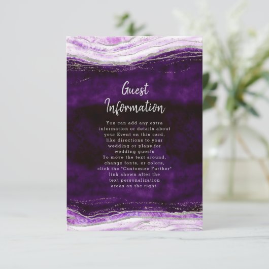 Amethist Paarse & Silver Geode bruiloft informatie Informatiekaartje (Staand voorkant)