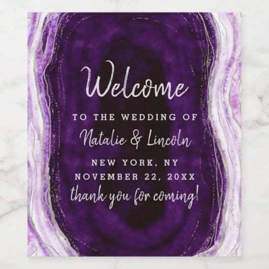 Amethist Paarse & Silver Geode bruiloft Welkom Wijn Etiket (Enkel label)