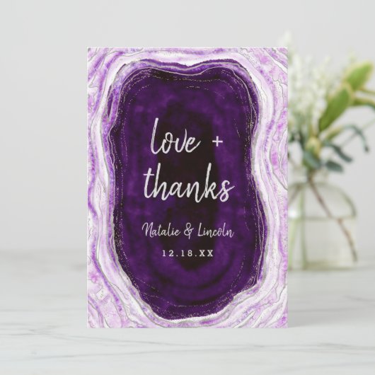 Amethist Paarse & Zilveren Bruiloft Liefde en Beda Bedankkaart (Staand voorkant)