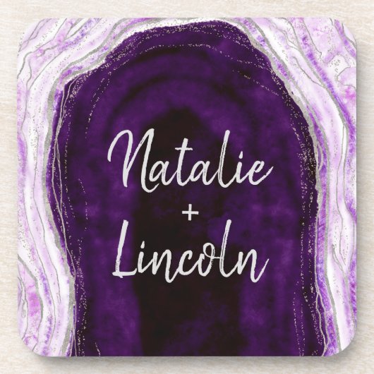 Amethist Paarse & Zilveren Geode Bruiloft Monogram Bier Onderzetter (Voorkant)