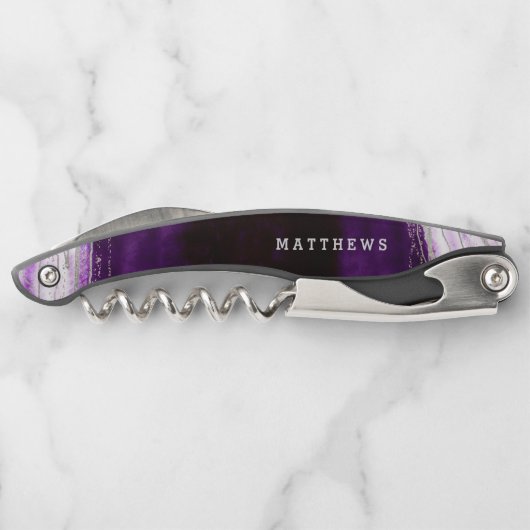 Amethist Paarse & Zilveren Geode Bruiloft Monogram Kurkentrekker (Achterkant)