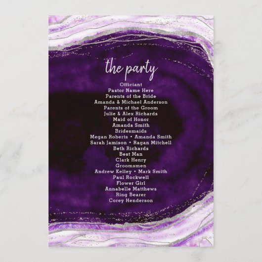 Amethist Paarse & Zilveren Geode huwelijksceremoni Programmakaart (Achterkant)