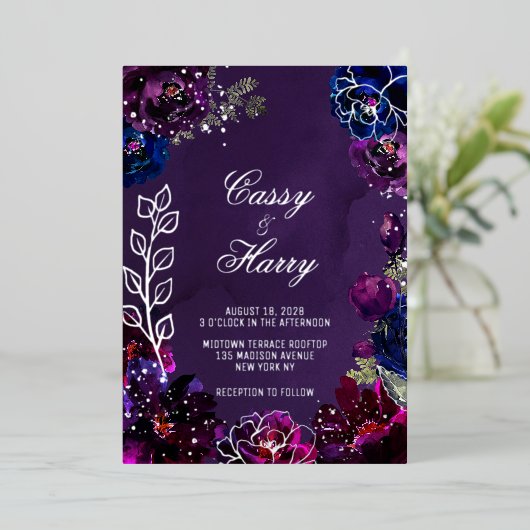 Amethist Sapphire Jewel Tones Achternamen Bruiloft Folie Uitnodiging (Staand Voorkant)