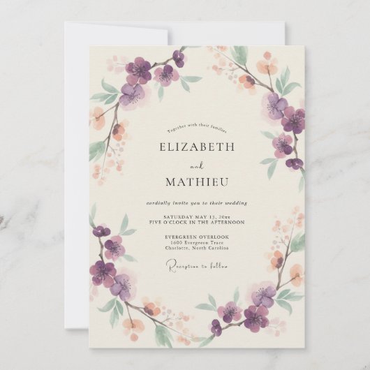 Amethyst Abrikozen Tak Eucalyptus Bruiloft Kaart (Voorkant)