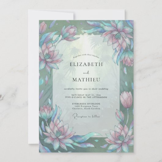 Amethyst Aqua Lotus Eucalyptus Bruiloft Kaart (Voorkant)