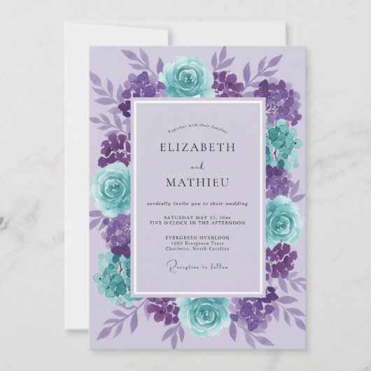 Amethyst Aqua Ranunculus Eucalyptus Bruiloft Kaart (Voorkant)