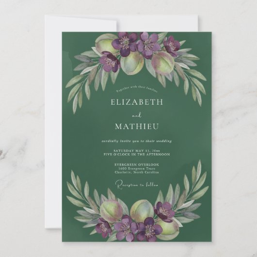 Amethyst Bladige Olijfgroene Bruiloft Kaart (Voorkant)