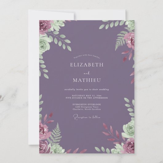 Amethyst Bladrijke Ranunculus Bruiloft Kaart (Voorkant)