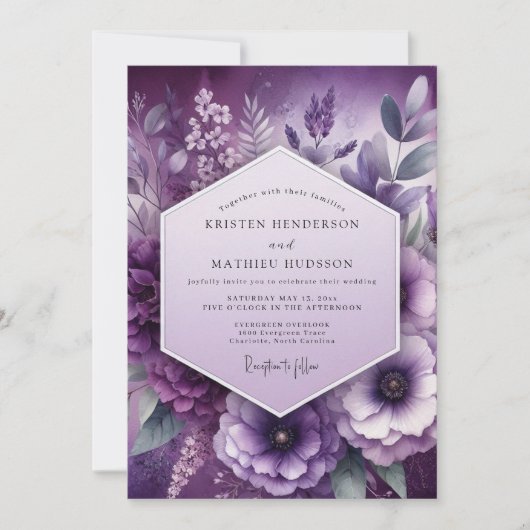 Amethyst Bloemrijke Elegantie Bruiloft Kaart (Voorkant)