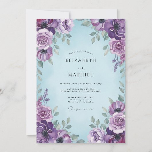 Amethyst Bloemrijke Romantische Bruiloft Kaart (Voorkant)