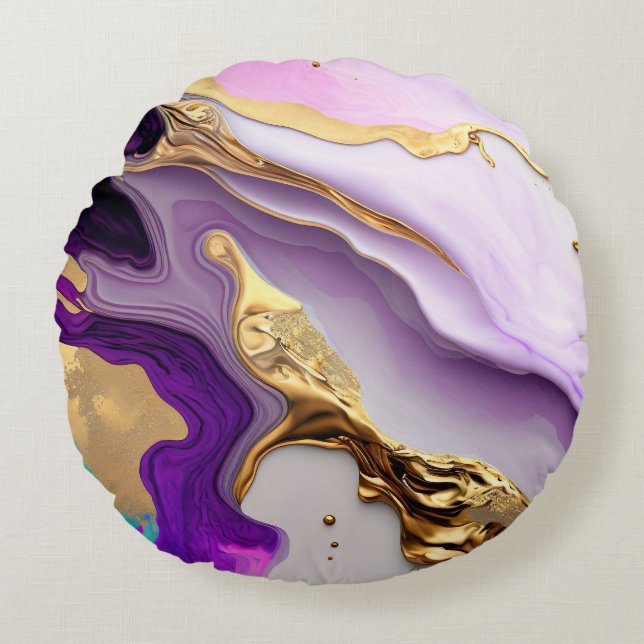 Amethyst & Blush Marmer met Vloeibaar Goud Rond Kussen (Voorkant)