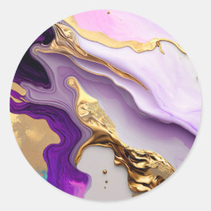 Amethyst & Blush Marmer met Vloeibaar Goud Ronde Sticker