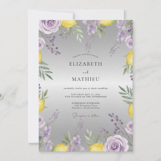 Amethyst Citroen Wilde Bloemen Bruiloft Kaart (Voorkant)