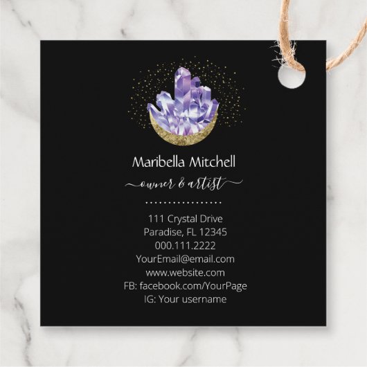 Amethyst Crystal Cluster Gold Crescent Moon Mystic Bedankjes Labels (Achterkant)