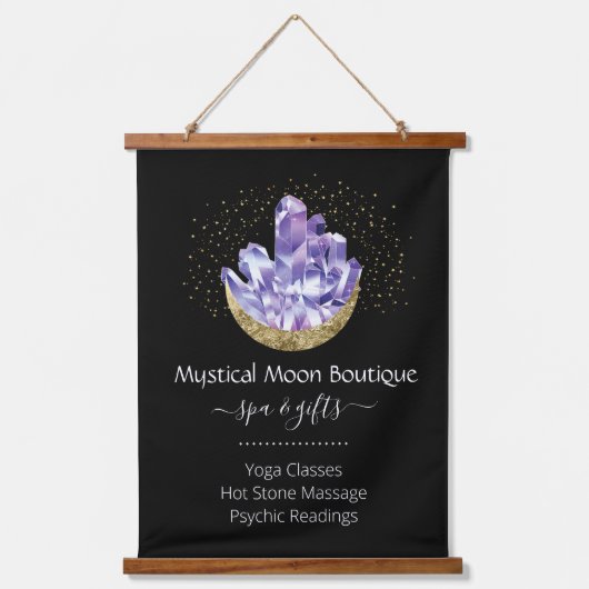 Amethyst Crystal Cluster Gold Crescent Moon Mystic Hangend Wandkleed (Voorkant)