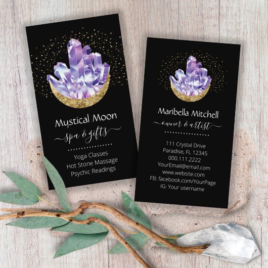 Amethyst Crystal Cluster Gold Crescent Moon Mystic Visitekaartje