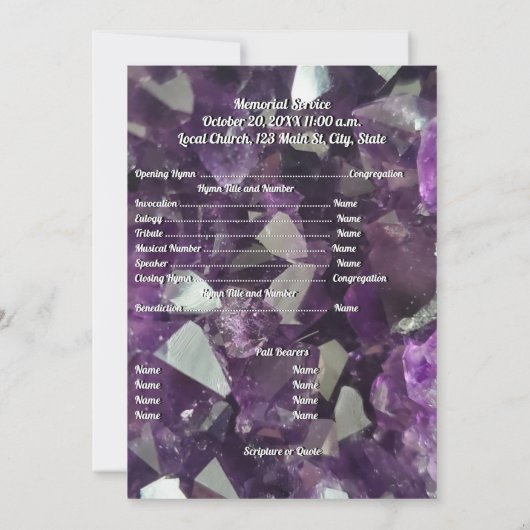 Amethyst Crystal Photo Memorial Programme Kaart (Achterkant)