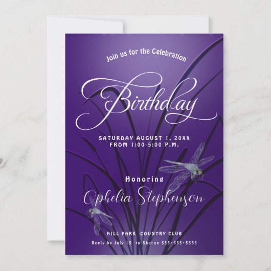 Amethyst Dragonfly Birthday Invitation Kaart (Voorkant)